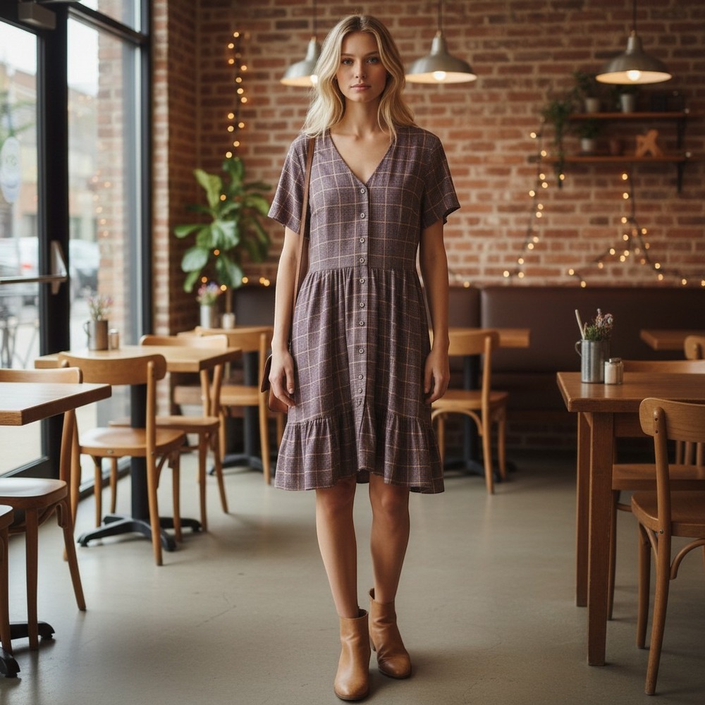 Gal Meets Glam Plaid Vintage Dress Womens 14 Purple V-Neck Button Front Midi